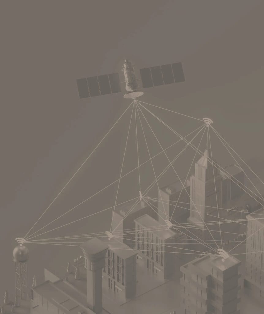 Vue 3D d’un bâtiment intelligent Québec intégré dans une ville connectée, illustrant les technologies IoT, l’automatisation des systèmes et l’efficacité énergétique.