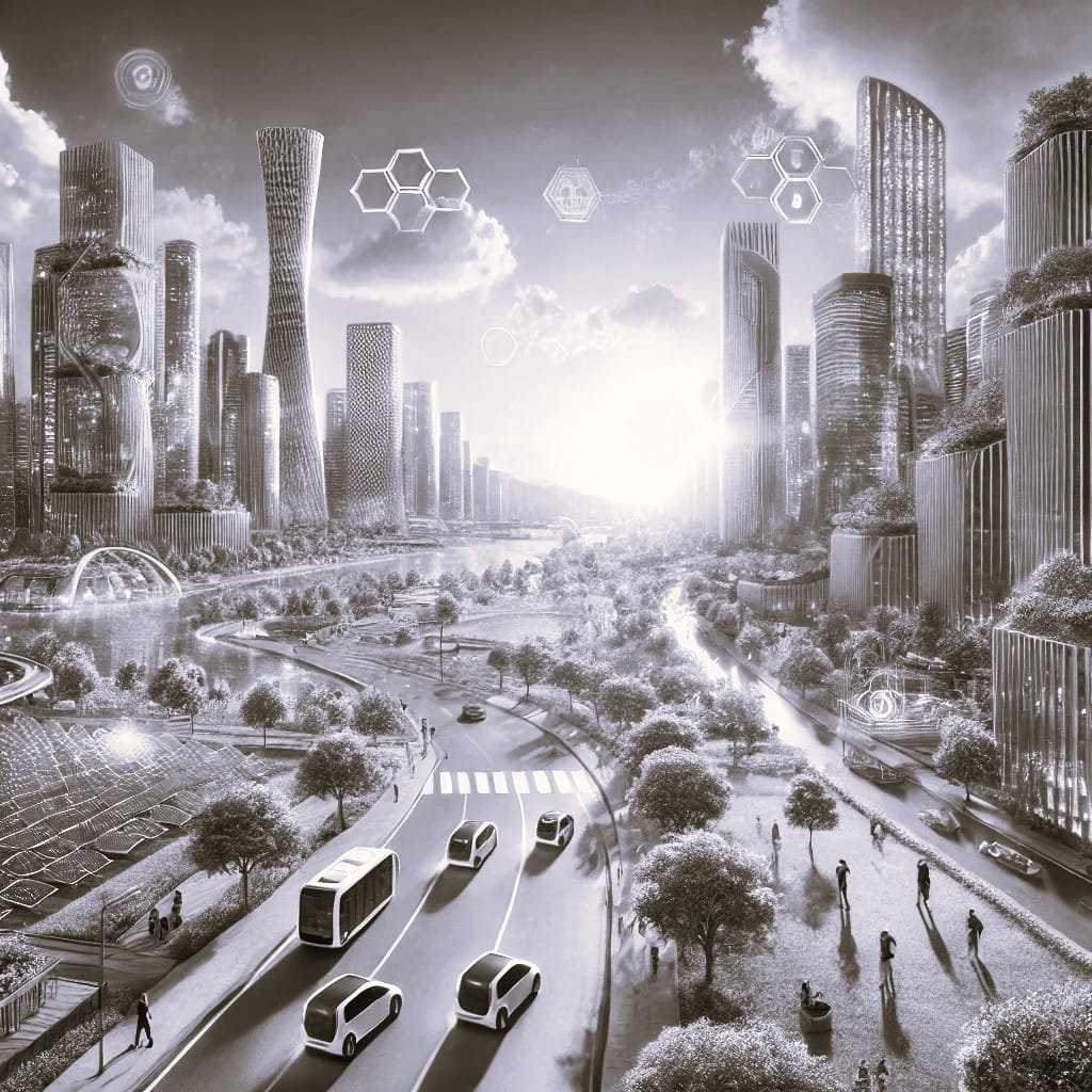 Représentation futuriste de la vision NADOM, entreprise domotique à québec : une ville intelligente, durable et connectée, où la domotique et l’immotique optimisent les espaces de vie.